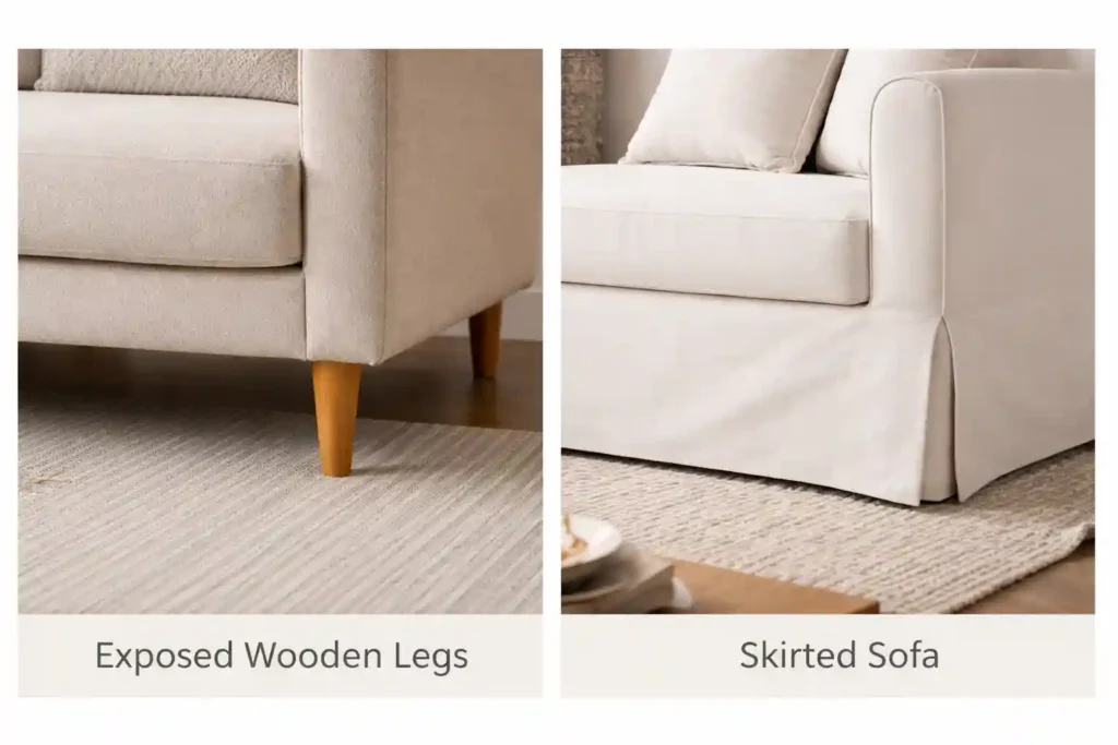 exposed wooden legs vs skirted sofa